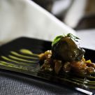Stuffed Grape Leaves with Almond Herb Cheese and Apricot Relish
