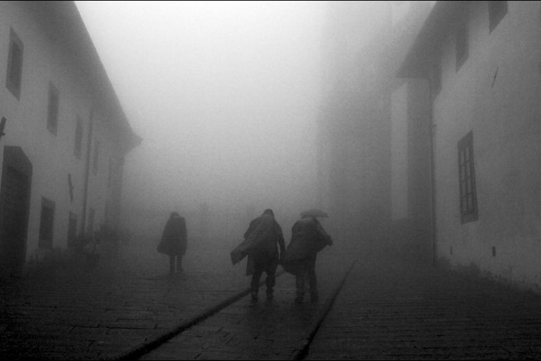 Monastery shrouded in fog