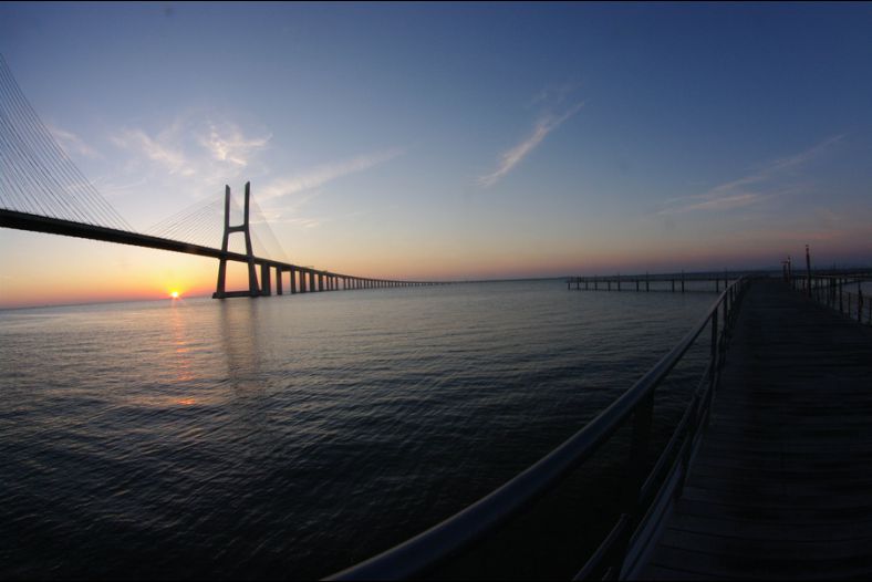 Sunrise Vasco da Gama Bridge, Lisbon is currently the largest in Europe