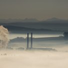 the glass factory in the fog