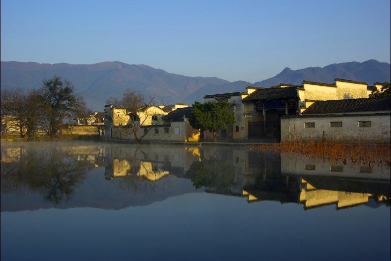 Beautiful village and inverted image in morningtide