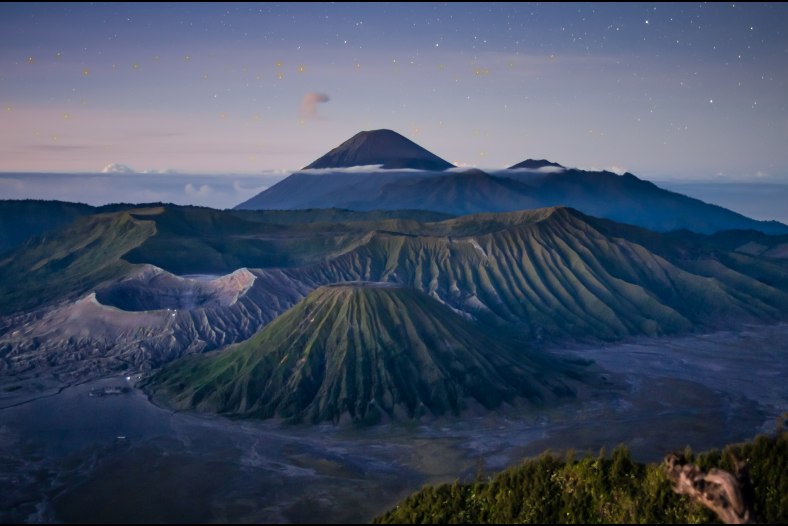 Volcanoes and night sky