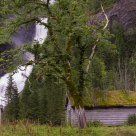 Waterfall and old house.