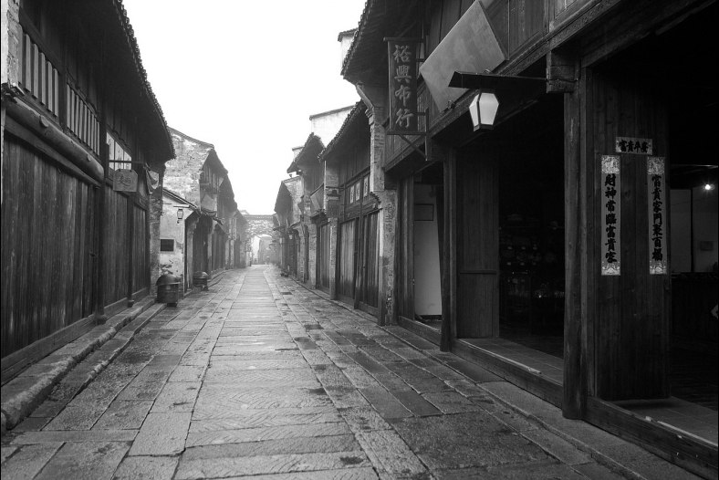 Old street in rain